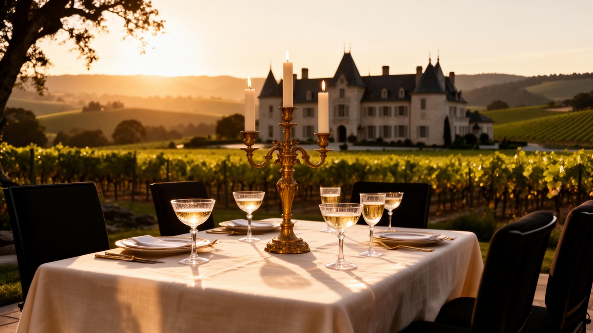 Luxury estate dining table overlooking Napa Valley vineyards at golden hour